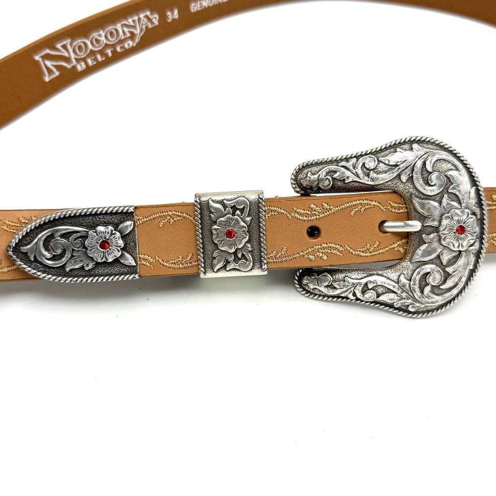 Nocona Brown Leather Western Belt 34 Ornate Buckle Red Rhinestone Embroidered